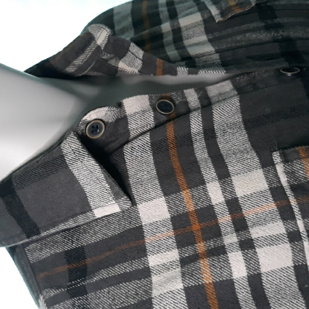 Jachs mens heavy cotton flannel grey and orange plaid long sleeve shirt. Medium